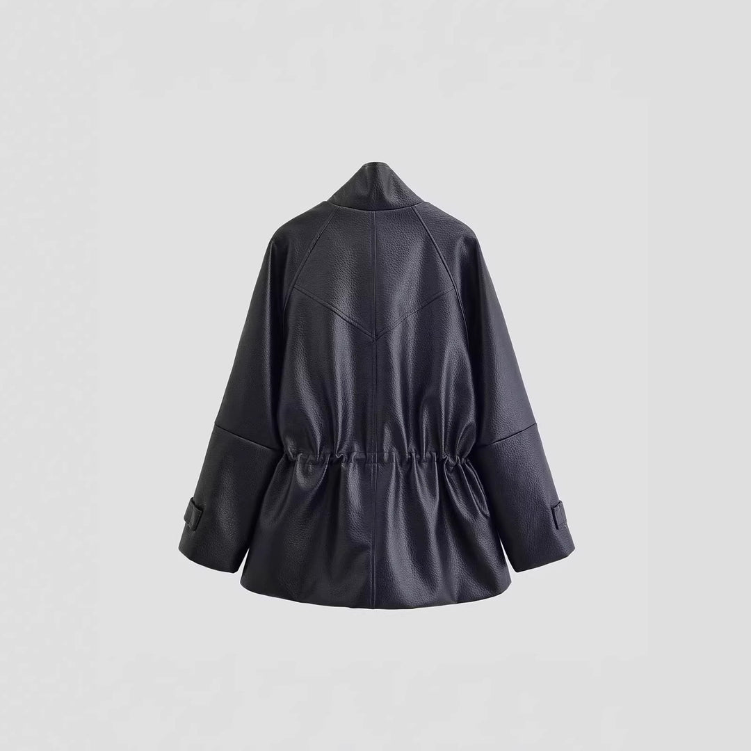 Women's Oversized Jacket in Leather Look with Stand-up Collar and Waist Drawstring Mune Fashion