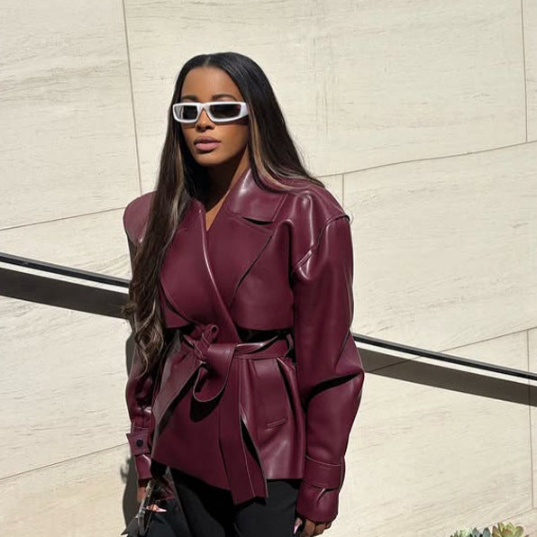 Women's Tailored Faux Leather Blouson with Ties and Voluminous Shoulder Area Mune Fashion