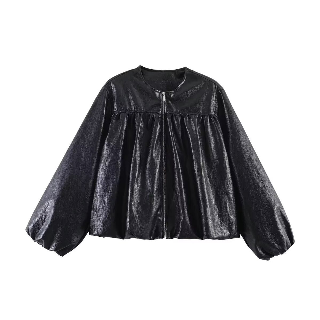 Women's short jacket made of faux leather with gathered yoke and balloon sleeves Mune Fashion