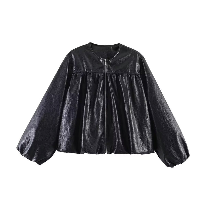 Women's short jacket made of faux leather with gathered yoke and balloon sleeves Mune Fashion