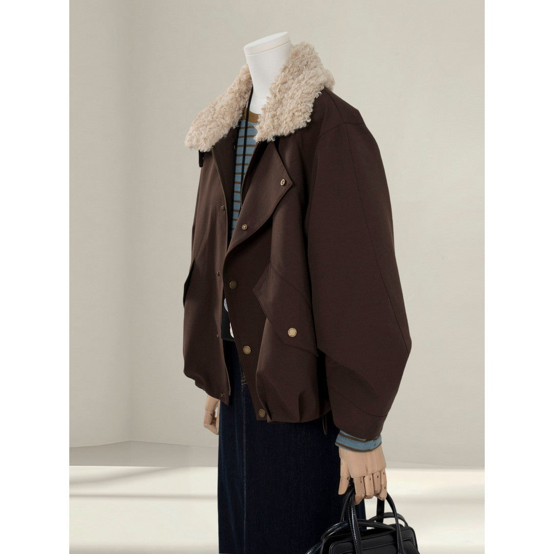 Women Short Oversized Bomber Jacket with Teddy Collar and Snap Button Details Mune Fashion