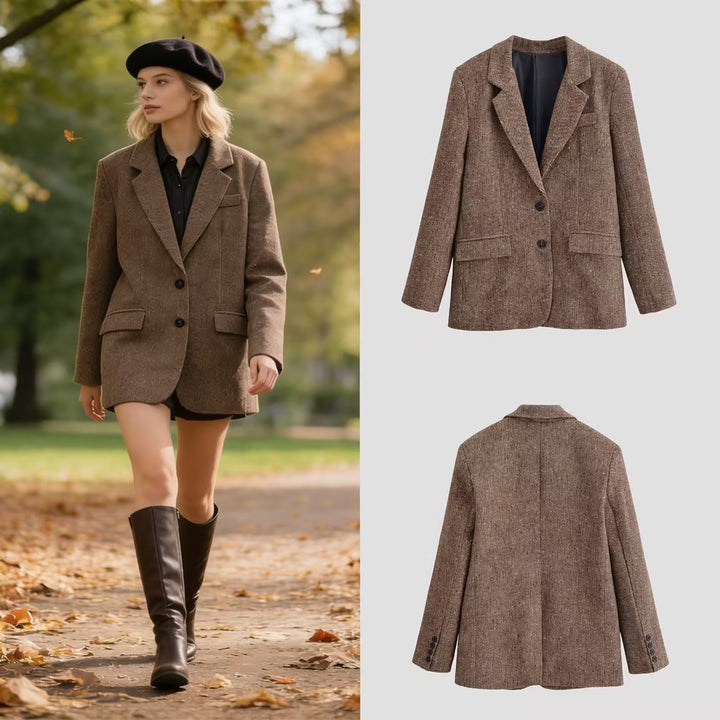 Women's Oversized Tweed Blazer with Herringbone Texture, Flap Pockets and Classic Lapel Mune Fashion