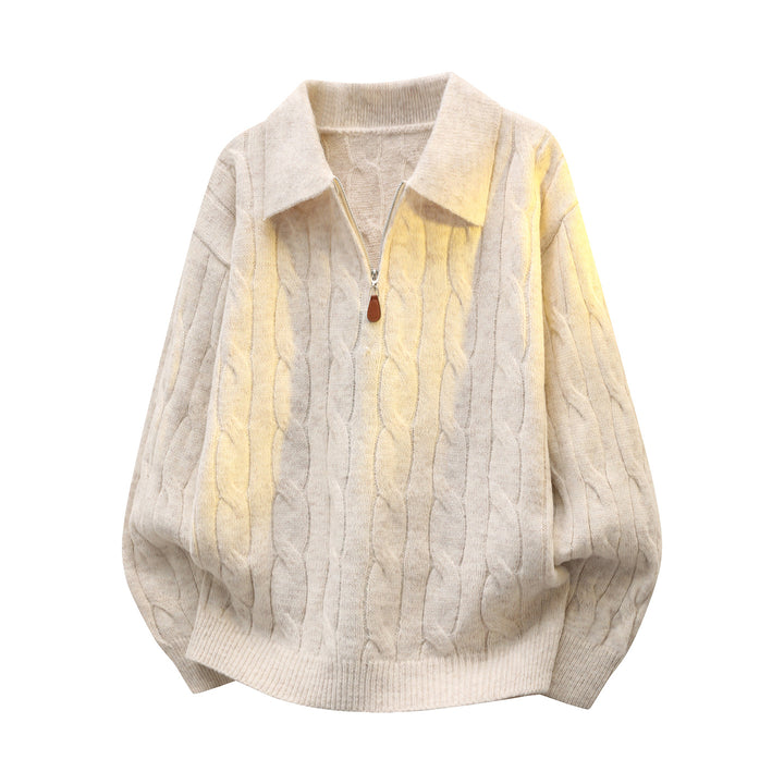 Unisex Oversize Cable Knit Sweater with Half Zip and Shirt Collar Mune Fashion