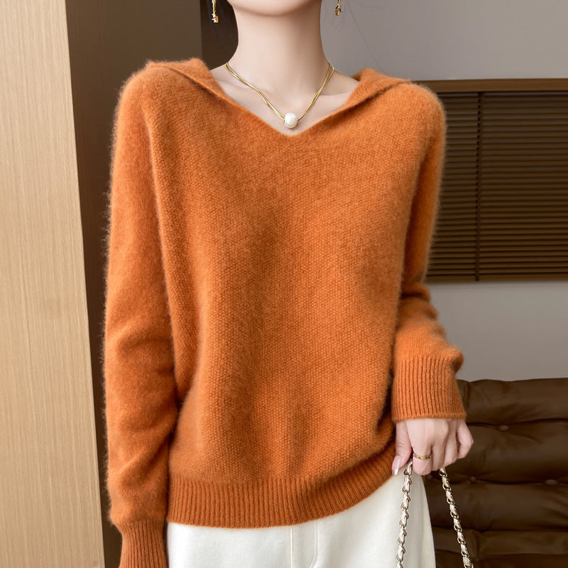 Women's Soft Mohair-Optic Hooded Sweater with V-Neck and Ribbed Hem