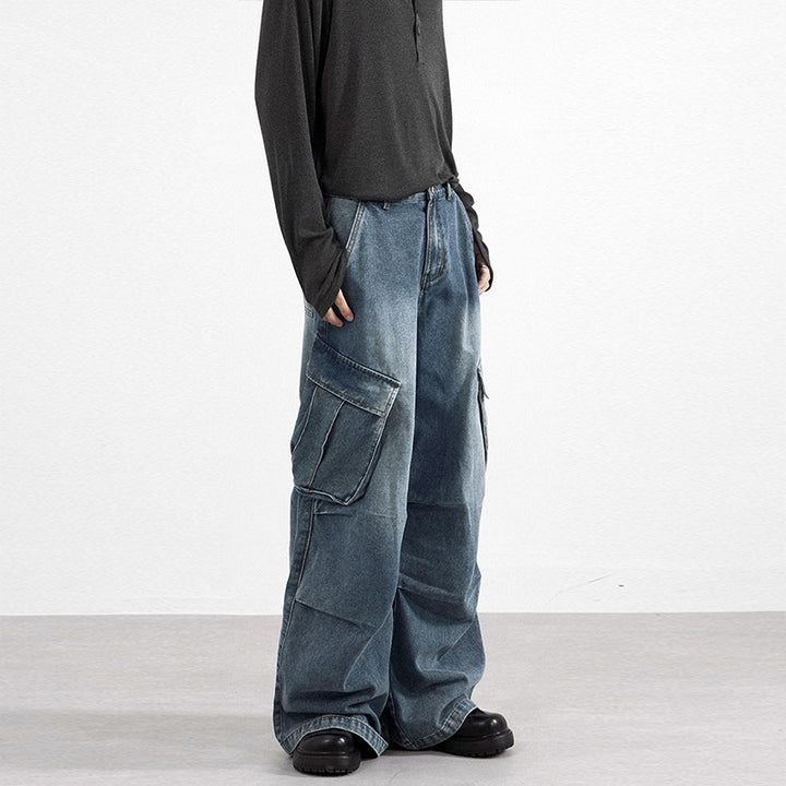 Men's extra-wide panel denim cargo pants in a loose baggy cut with knee panels Mune Fashion