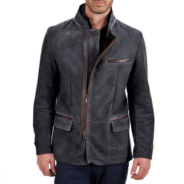 Men's suede field jacket in pilot style with stand-up collar, asymmetrical double-opening zipper and contrasting leather trims Mune Fashion