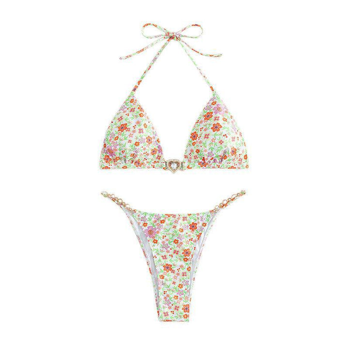 Women's triangle bikini with decorative chain details and floral accents Mune Fashion