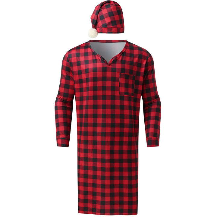 Men's long plaid nightgown with chest pocket and matching pointed hat Mune Fashion