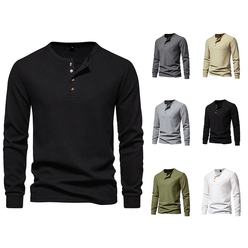 Men's Long Sleeve Henley Shirt with Textured Surface Pattern and Practical Button Details Mune