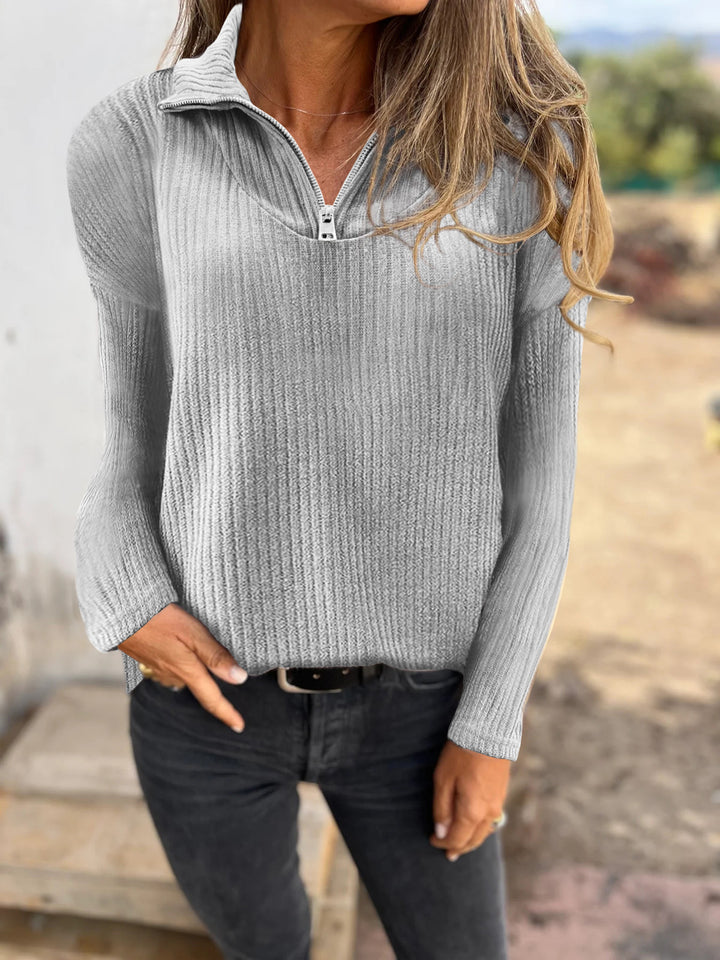 Women Ribbed Knit Sweater with Half Zip and Stand-Up Collar Mune Fashion