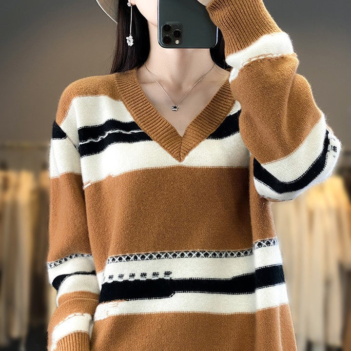 Women's Oversized Knit Sweater with V-Neck and Graphic Stripe Mix Mune Fashion