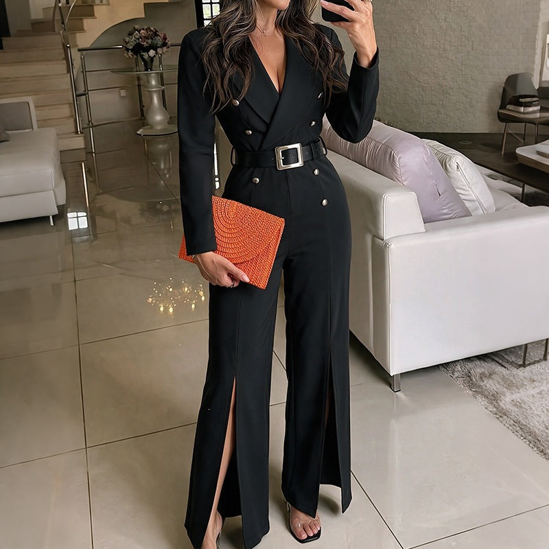 Women Elegant Jumpsuit with Deep V-Neck and Narrow Belt Mune Fashion