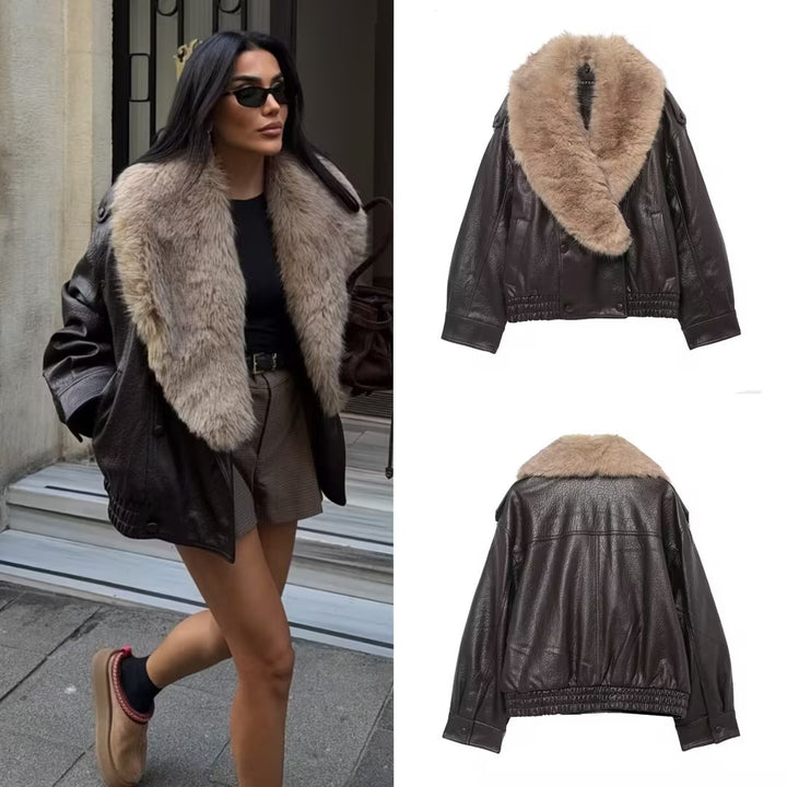 Women's Short Leather Blouson Jacket with XXL Fur Collar Mune Fashion