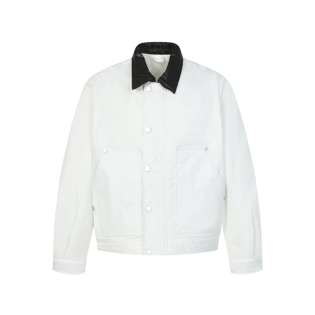 Unisex Short Boxy Quilted Blouson Jacket with Contrasting Leather-Look Collar Mune Fashion