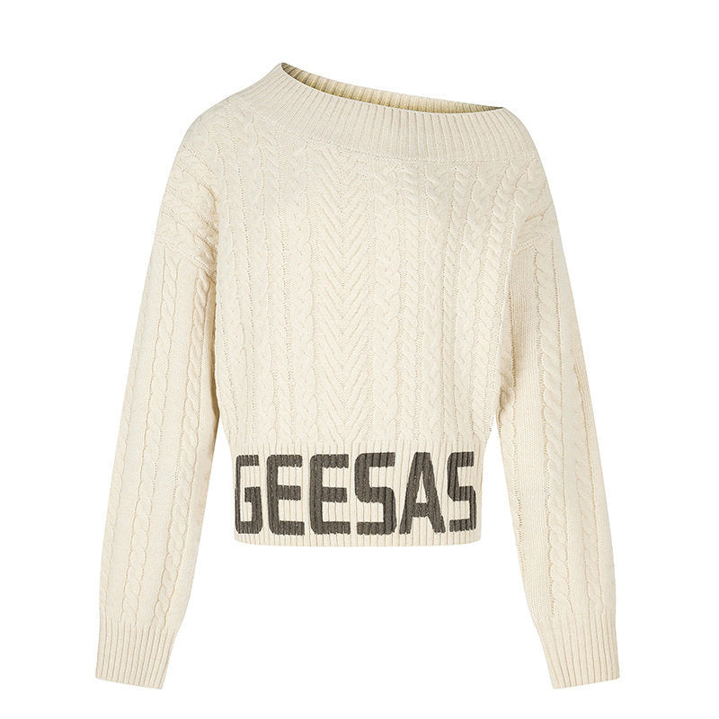 Women's short braid knit sweater with wide boat neckline and distinctive logo waistband Mune Fashion