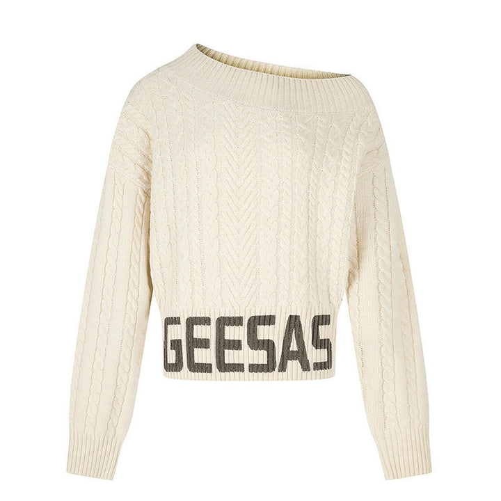 Women's short braid knit sweater with wide boat neckline and distinctive logo waistband Mune Fashion
