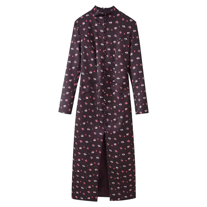 Women's Long Sleeve Maxi Dress with Stand-up Collar, Full Button Placket and Floral Allover Print Mune Fashion