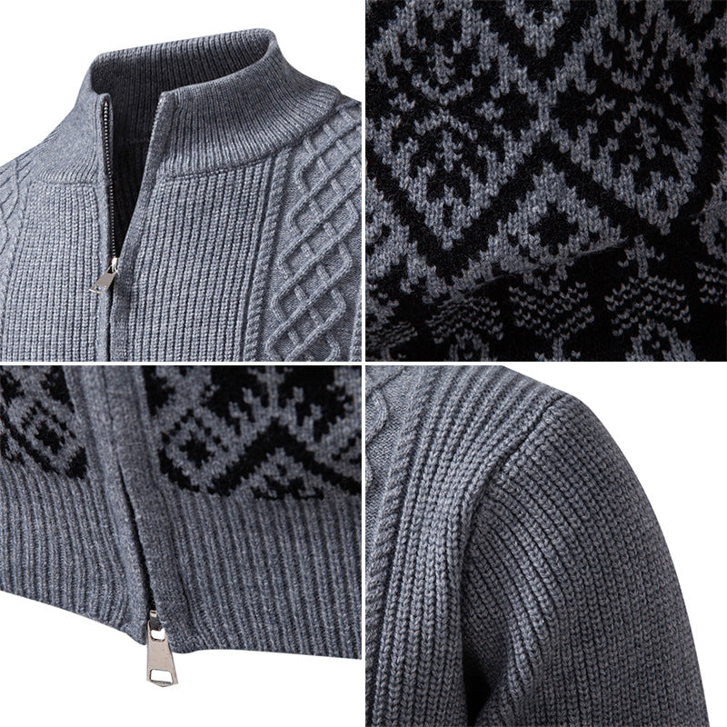 Men's High-Quality Norwegian Zip Cardigan with Cable Pattern and Stand-Up Collar Mune Fashion