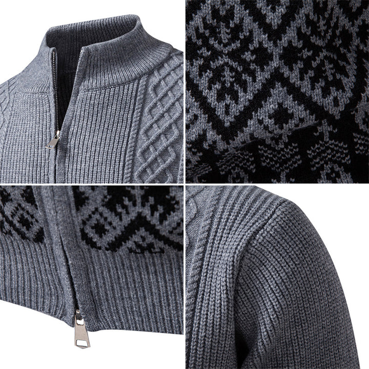 Men's High-Quality Norwegian Zip Cardigan with Cable Pattern and Stand-Up Collar Mune Fashion