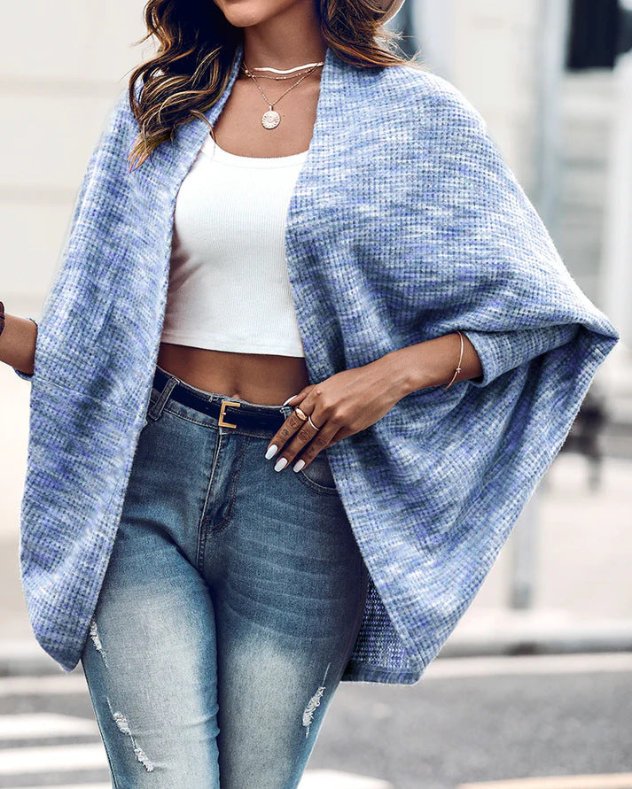 Women Oversized Knit Poncho with Open Front and Boucle Structure Drune