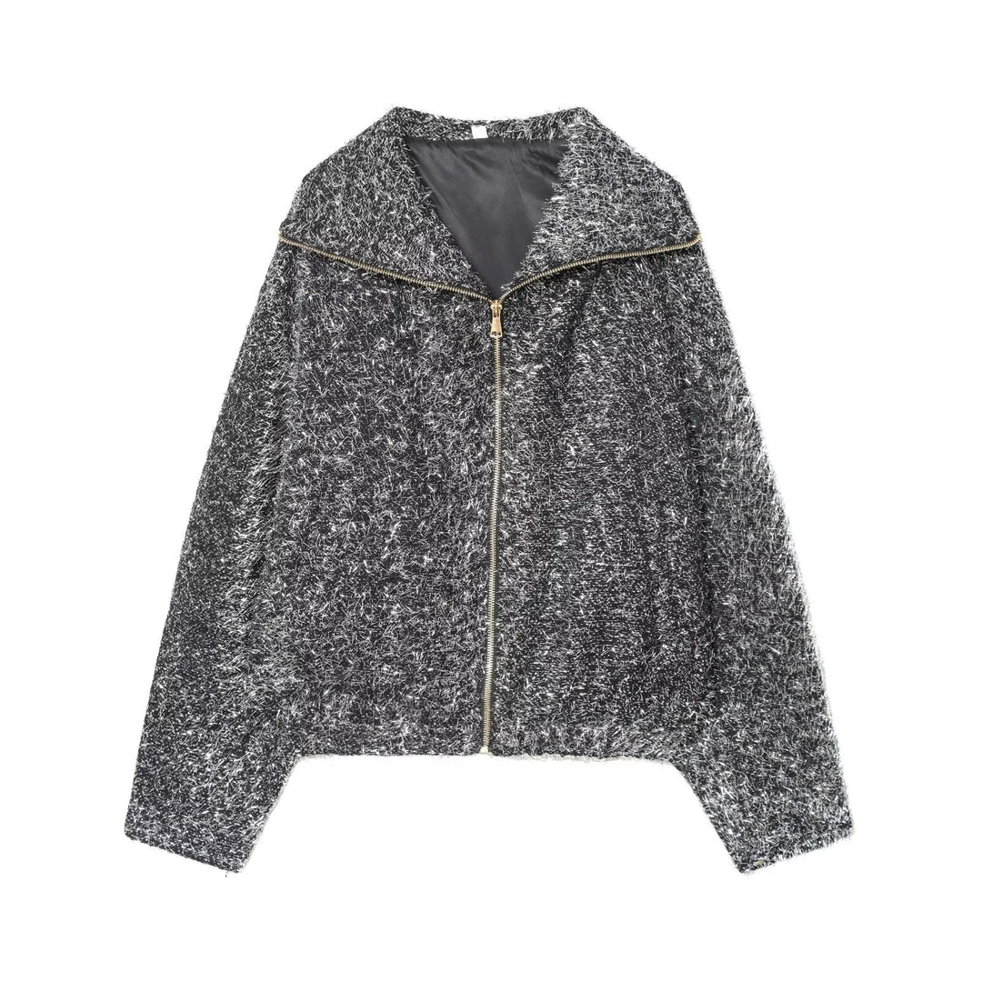 Women's cropped bouclé jacket with metallic effect and full-length zipper Mune Fashion