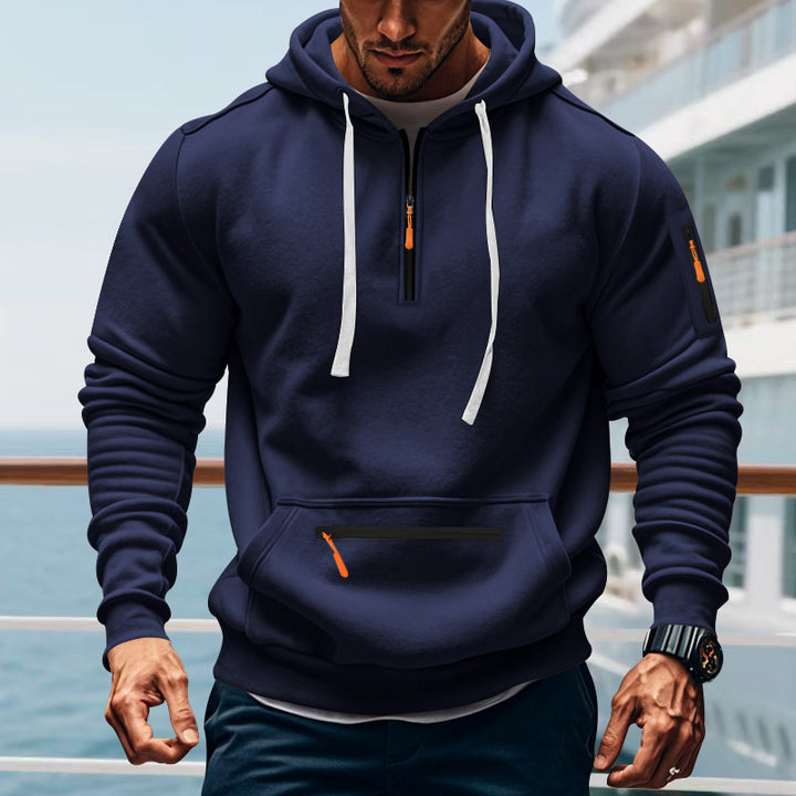 Men's nan technical half-zip outdoor hoodie with concealed kangaroo pocket, zippered arm pocket, and integrated cable channel Mune Fashion