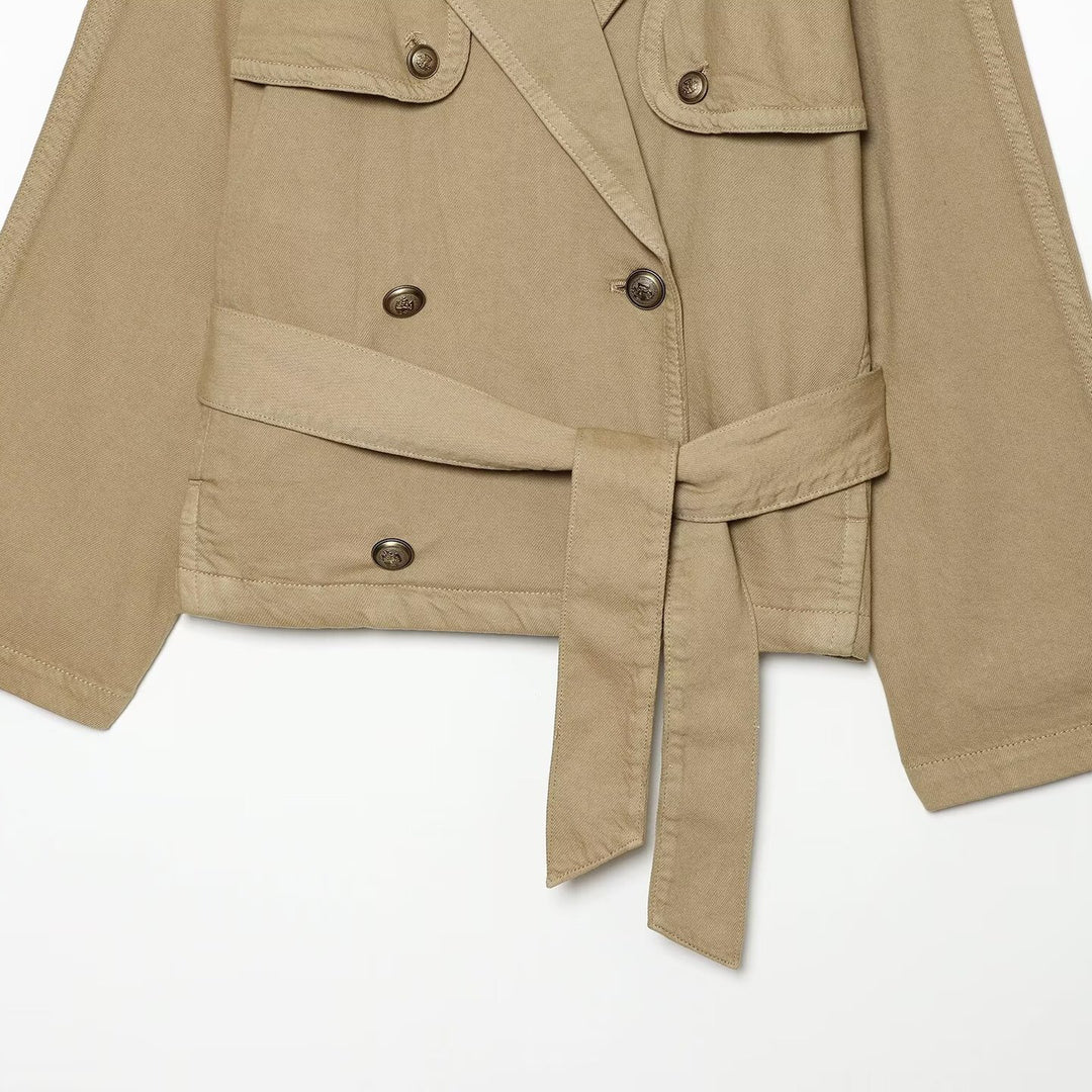 Women Cropped Trench Cape Jacket with double-breasted button placket, shoulder patches and tie belt Mune Fashion