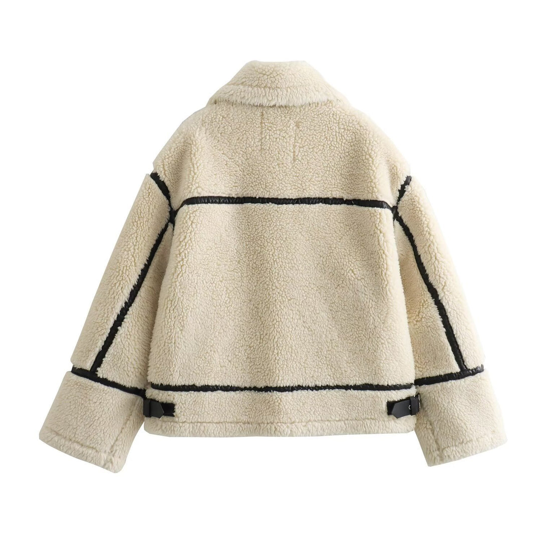 Women's Oversized Teddy Jacket in Aviator Style with Faux Leather Piping, Stand Collar and Zipper Mune Fashion