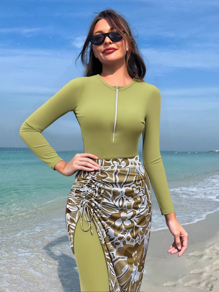 Women's Long Sleeve Swimwear with Fashionable Wrap Skirt Mune Fashion