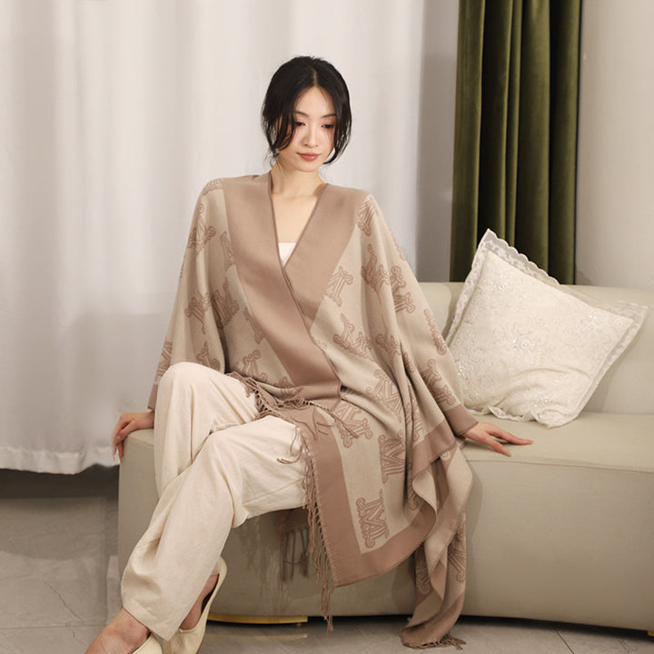 Women's Jacquard Monogram Cape with Open Sides and Fringes