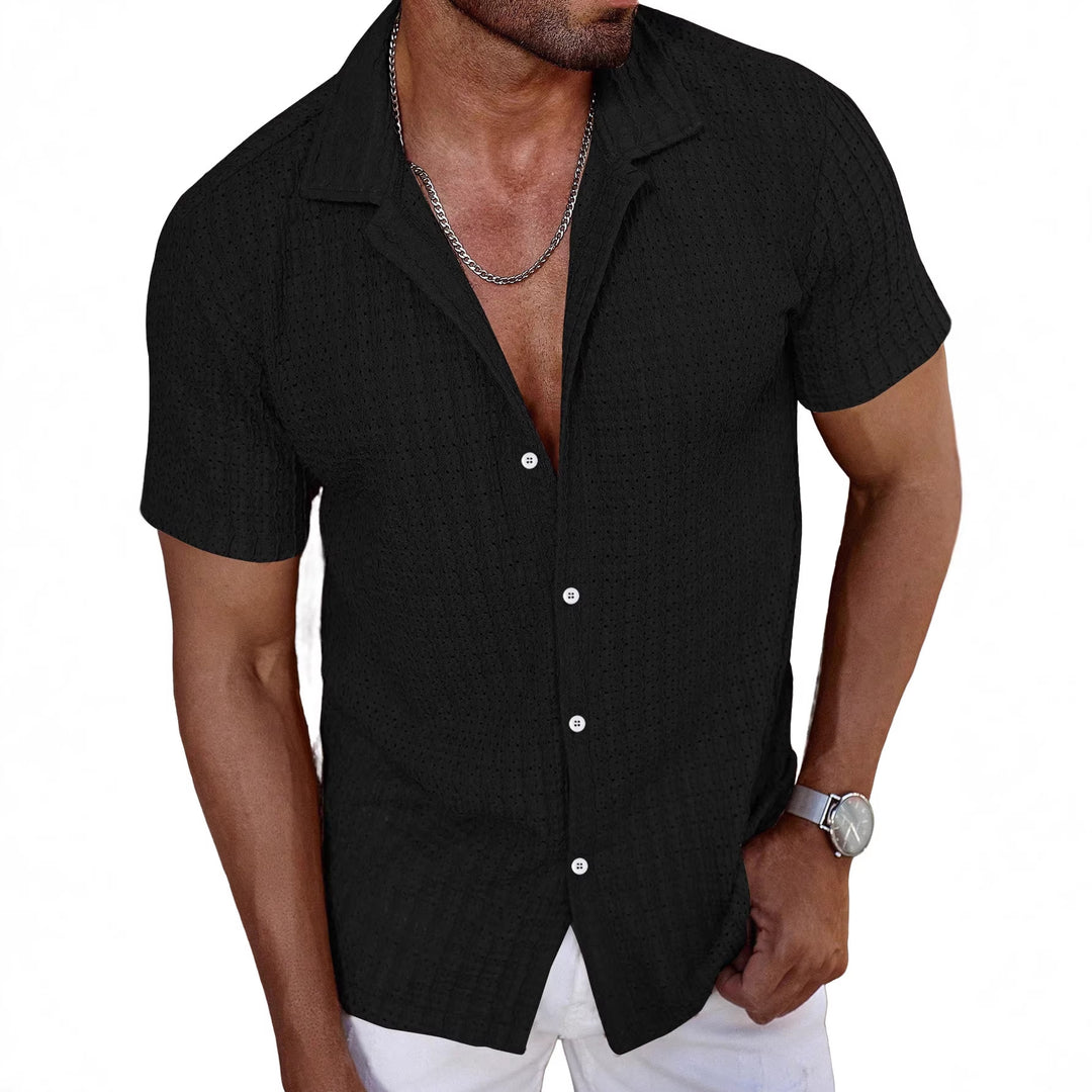 Men's airy short-sleeve ajour shirt with shawl collar and continuous button placket Mune Fashion