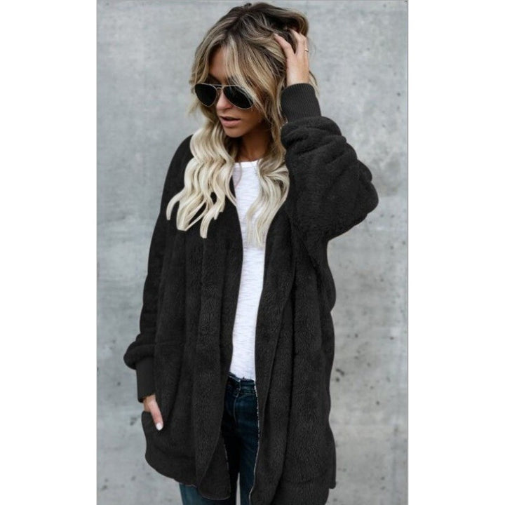 Women's Oversize Teddy Fleece Coat with Open Front, Side Pockets, and Ribbed Cuffs Mune Fashion