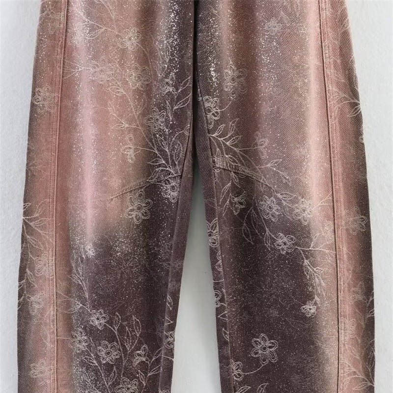 Women's High-Waist Jeans with Wide Leg, Floral Vintage Print and Five-Pocket Cut Mune Fashion