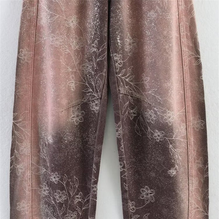 Women's High-Waist Jeans with Wide Leg, Floral Vintage Print and Five-Pocket Cut Mune Fashion