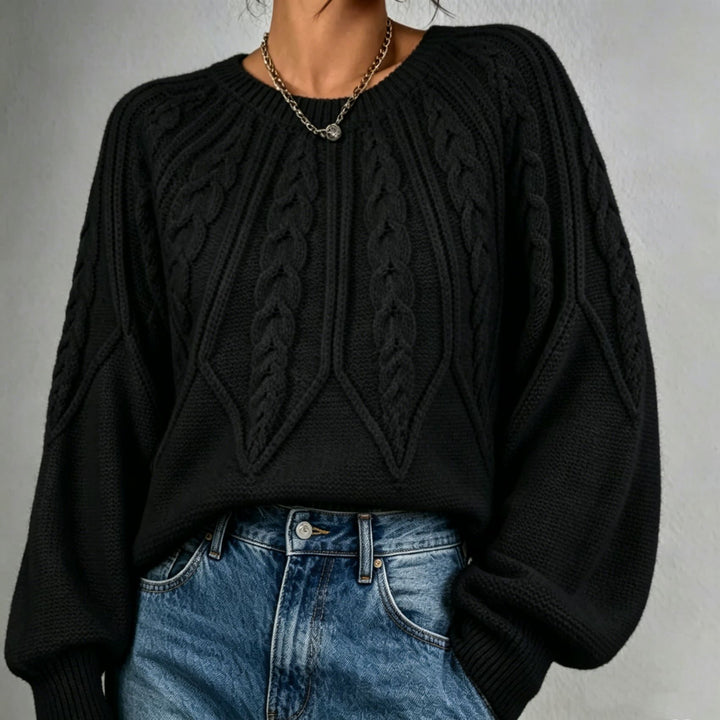 Women short-cut chunky knit cable sweater with balloon sleeves Mune Fashion