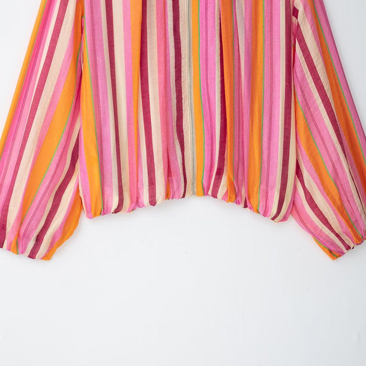 Women's Striped Transitional Bomber Jacket with Balloon Sleeves Mune Fashion