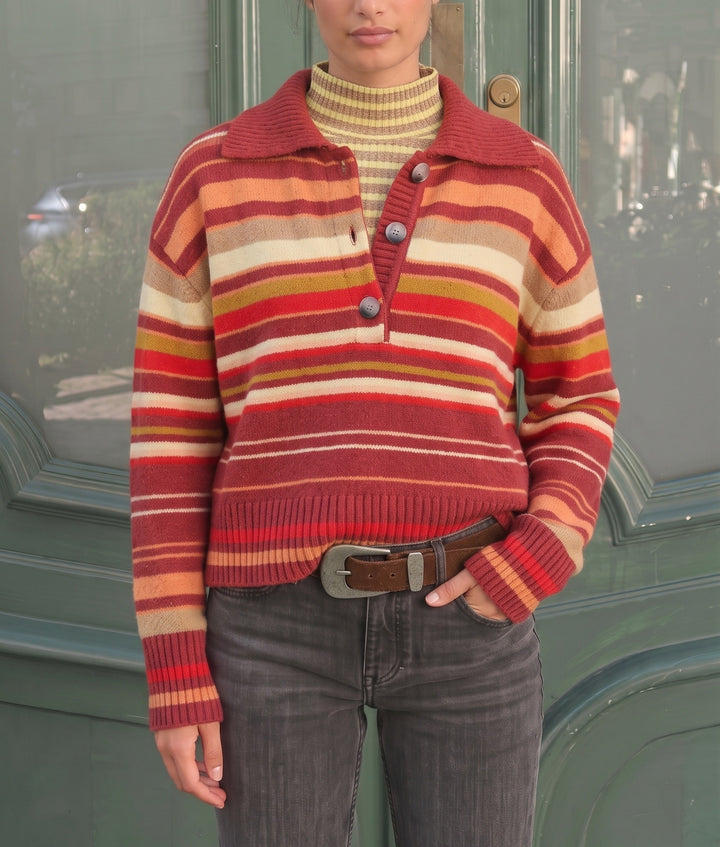 Women Striped Knitted Sweater with Polo Collar & Button Placket Mune Fashion