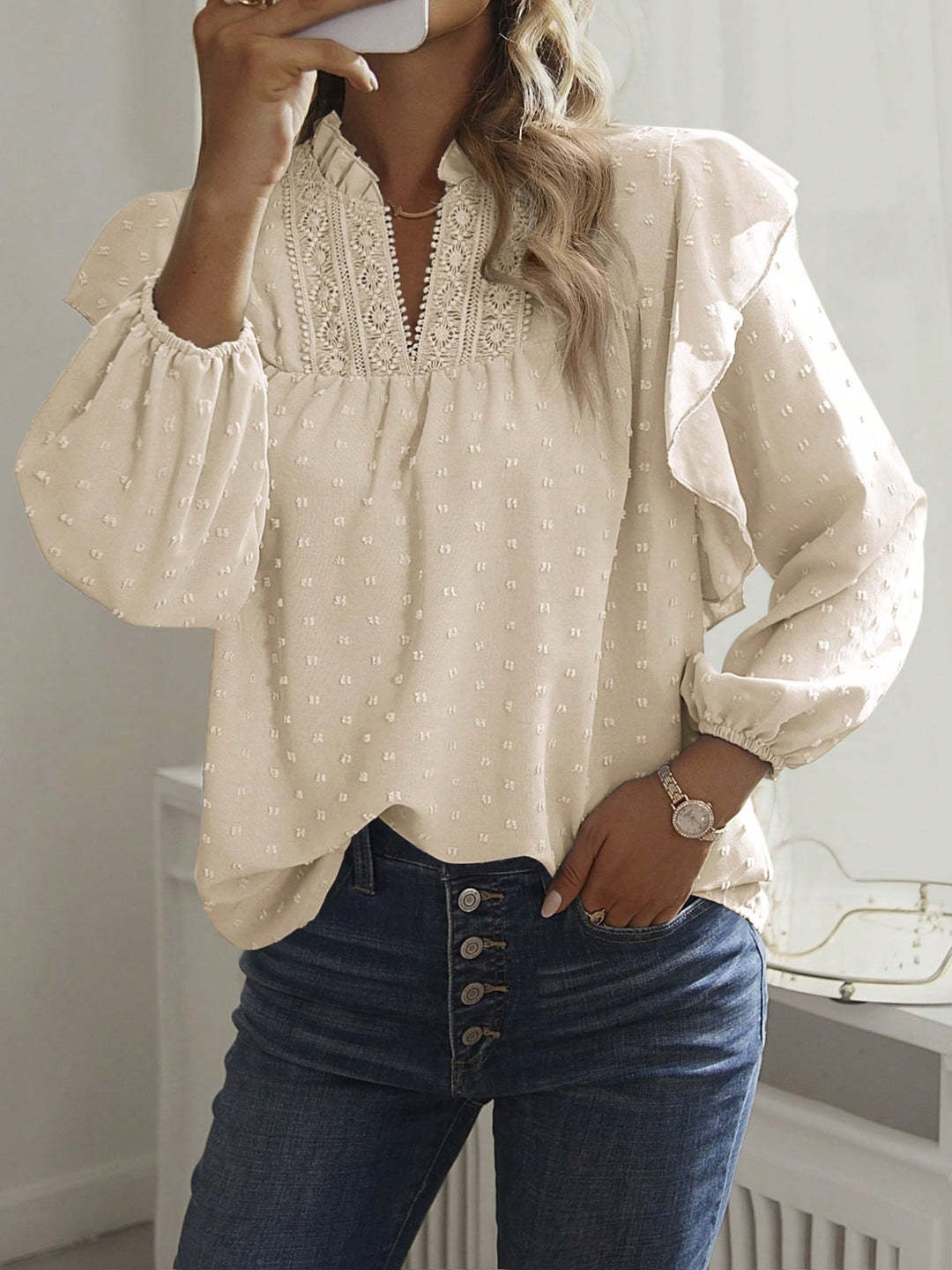 Women's viscose blouse with lace embroidery and ruffle sleeves Drune