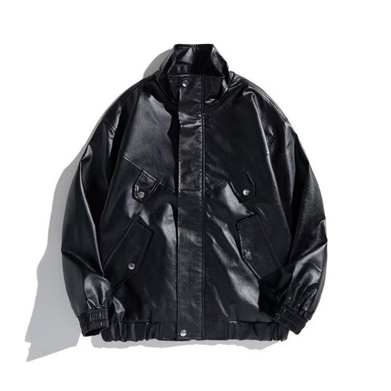 Men's Oversized Faux Leather Bomber Jacket with Stand Collar, Flap Pockets and Elastic Hem Mune Fashion