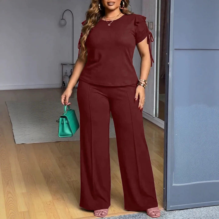 Women Two-Piece Jersey Set with Tailored Wide Leg Pants and Short Sleeve Knot Top Drune
