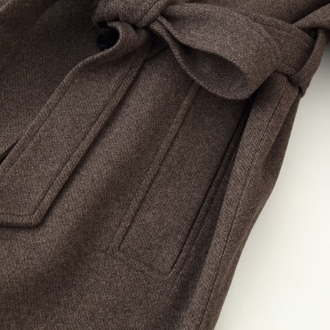 Ladies Mid-length Wool Blend Coat with Stand Collar, Asymmetric Button Placket and Waist Belt Mune Fashion