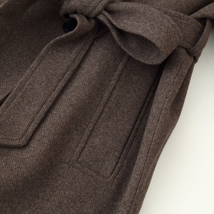 Ladies Mid-length Wool Blend Coat with Stand Collar, Asymmetric Button Placket and Waist Belt Mune Fashion