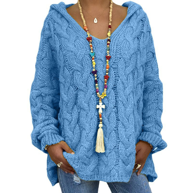 Women Oversized Cable Knit Sweater with Hood and Casual V-Neck Mune Fashion