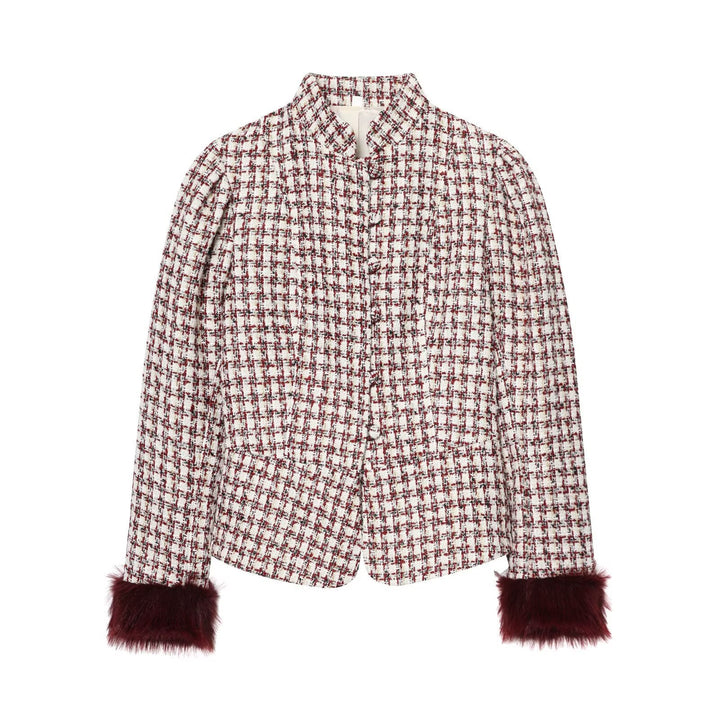 Women's short jacket made of boucle tweed with stand-up collar and faux fur cuffs Mune Fashion