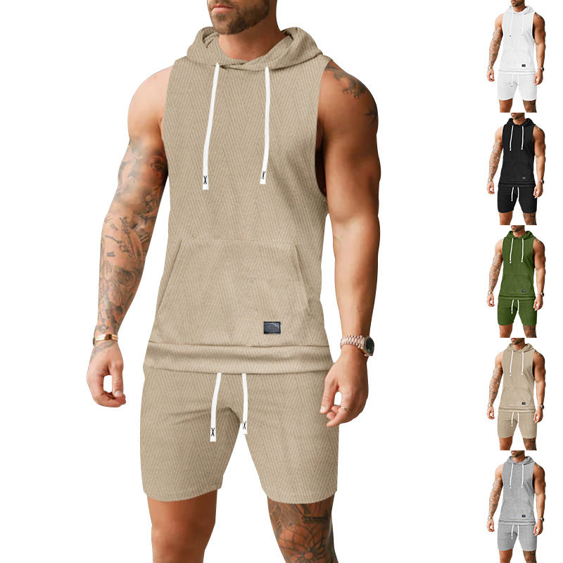 Men's sleeveless hoodie vest set made of textured cotton blend with kangaroo pocket and drawstring shorts Mune Fashion