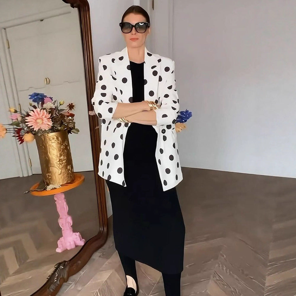 Women Polka Dot Long Blazer with Structured Shoulder and Oversized Cut Mune Fashion