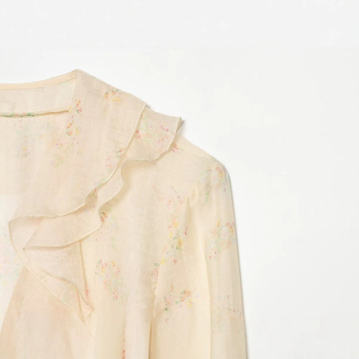 Women Lightweight Chiffon Blouse with Ruffle Collar, Deep V-Neck and Ruffled Trumpet Sleeves Drune