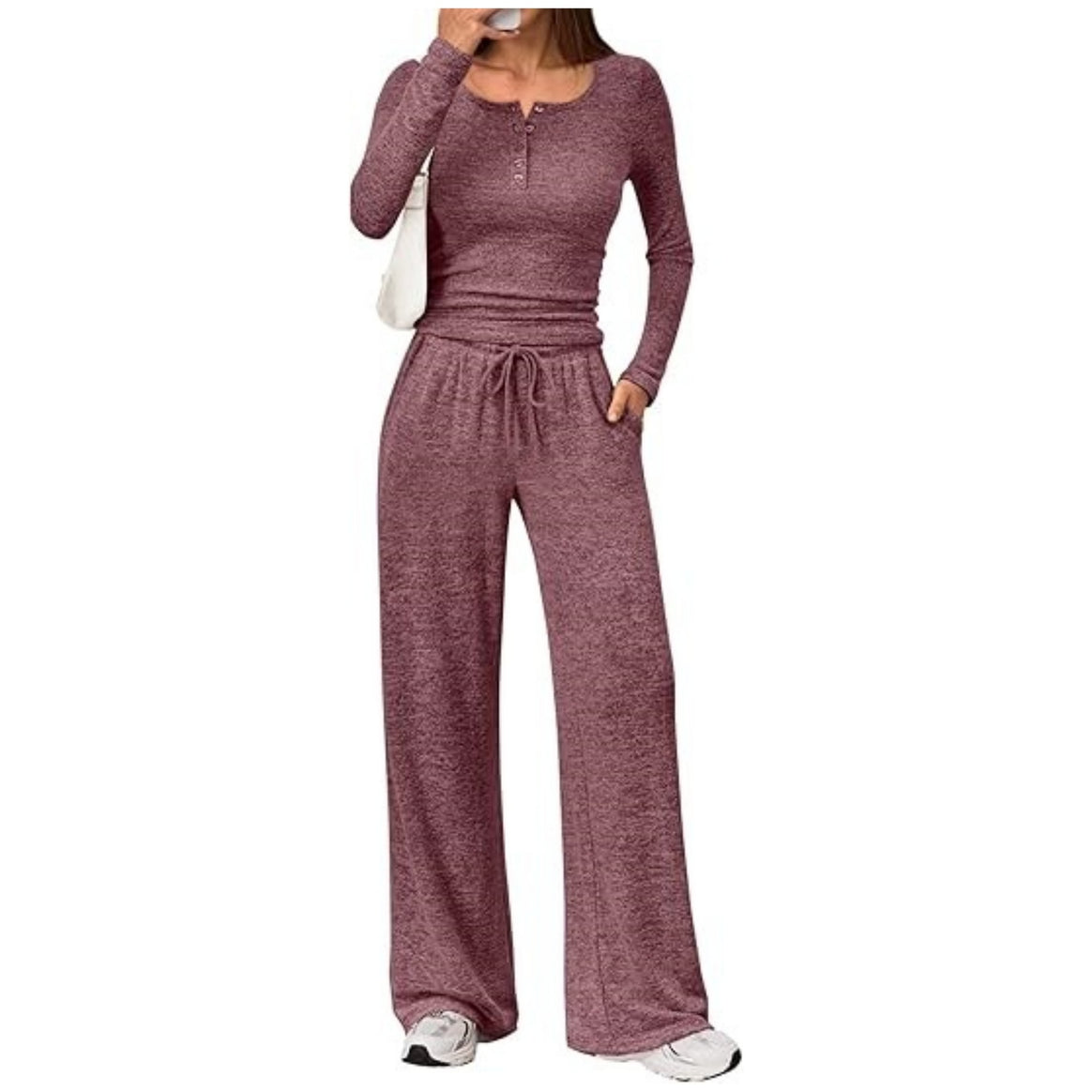 Women's Two-Piece Fine Knit Lounge Set with Henley Top and Palazzo Pants Mune Fashion