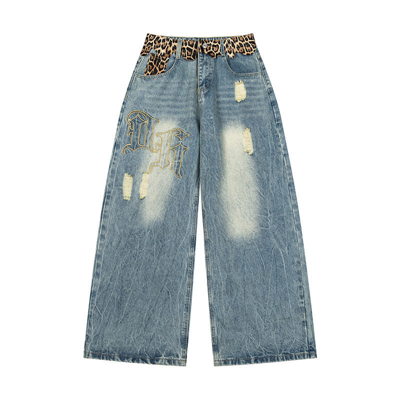 Ladies wide Palazzo jeans with destroyed details, leopard waistband and gothic embroidery Mune Fashion