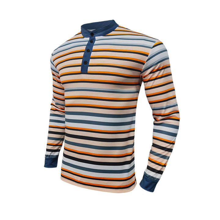 Men's striped long-sleeve Henley shirt with stand-up collar, slim fit and elastic cotton mix Mune Fashion